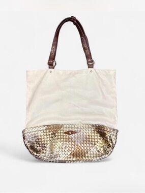 Elliot Lucca Cream Leather Tote Metallic Woven bottom Accent Brown Handles
